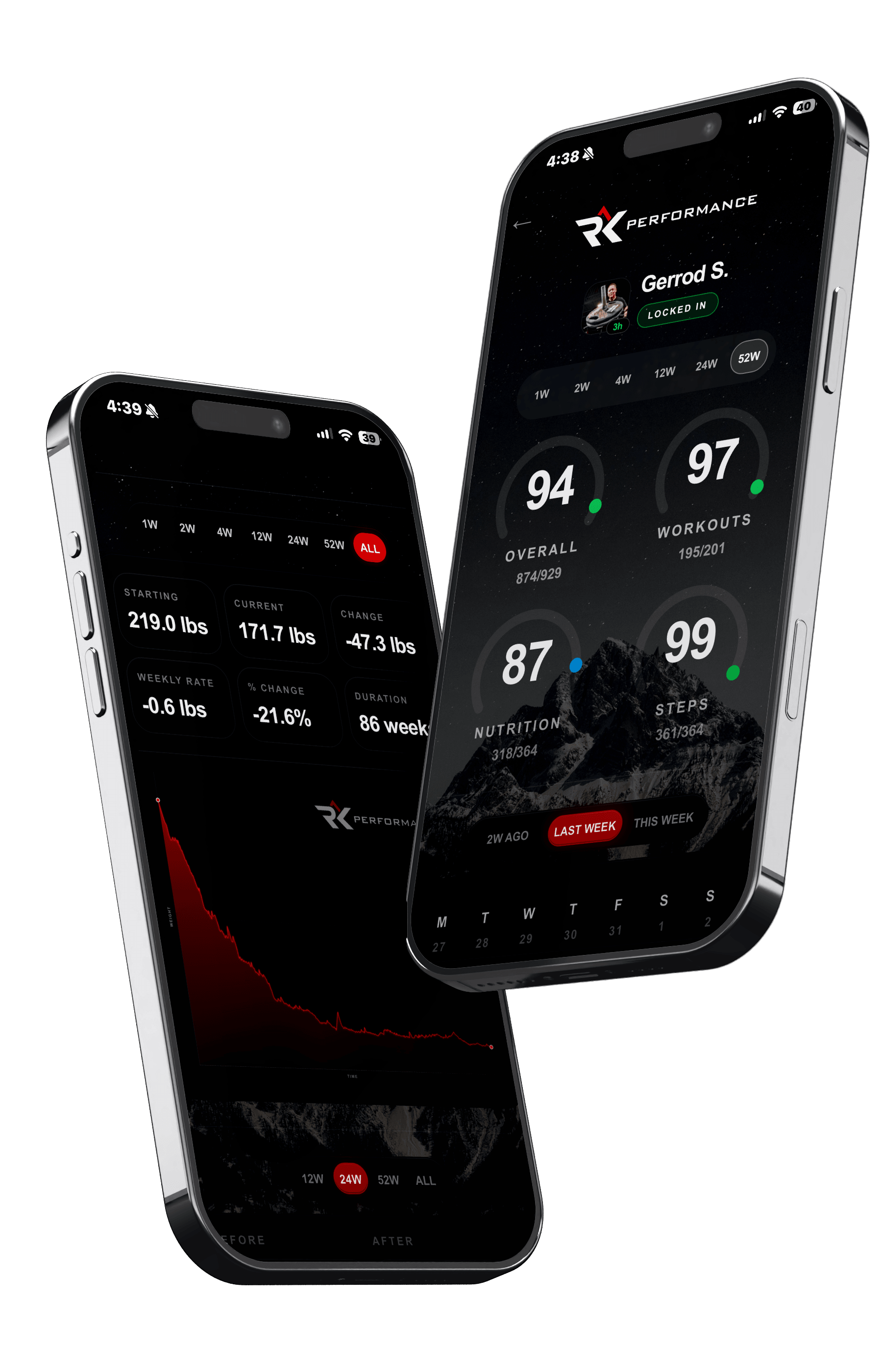 RK Performance mobile coaching interface showing client execution and bodyweight data
